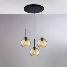 Belight - Sospensione in ferro laccato nero con cavi elettrici regolabili e diffusori in vetro soffiato ambra con rigatura in rilievo 3 luci H.41