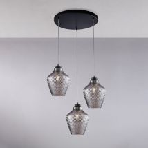 Belight - Sospensione in ferro laccato nero con cavi elettrici regolabili e diffusori in vetro soffiato grigio specchiato con decoro in rilievo 3
