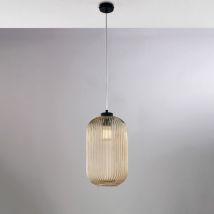 Bonetti Illumina - Sospensione in ferro laccato nero con cavo elettrico regolabile e diffusore in vetro soffiato ambra con decoro rigatura in rilievo