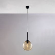 Belight - Sospensione in ferro laccato nero con cavo elettrico regolabile e diffusore in vetro soffiato ambra con rigatura in rilievo 1 luce H.41