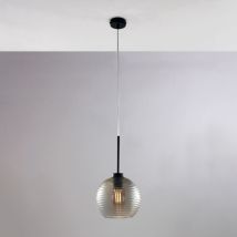 Belight - Sospensione in ferro laccato nero con cavo elettrico regolabile e diffusore in vetro soffiato grigio specchiato con rigatura in rilievo 1