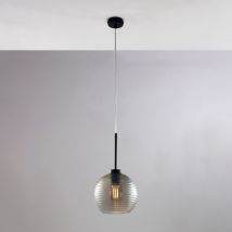 Belight - Sospensione in ferro laccato nero con cavo elettrico regolabile e diffusore in vetro soffiato grigio specchiato con rigatura in rilievo 1