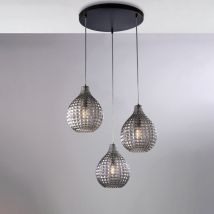 Belight - Sospensione in ferro laccato nero e montatura cromo con cavi elettrici regolabili e diffusori in vetro soffiato grigio specchiato con