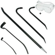 Spares2go - 5 Piece Crowbar, Long Wrecking Rod & Flat Pry - Crow Bar Set (60cm 45cm 38cm 30cm 18cm) + Safety Goggles