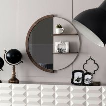 Toscohome - Specchiera rotonda con mensole legno naturale Diana