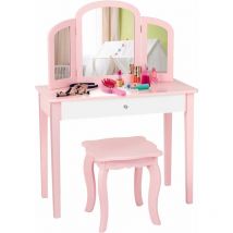 Goplus - Specchiera Vanity per Bambini, Postazione Beauty per Bambina, Toeletta Trucco per Bambine, Specchiera con Sgabello e Accessori, 69,9x34x95,4