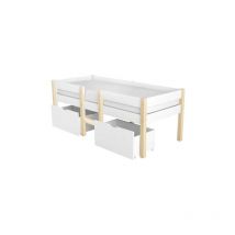 Lit enfant Lit avec tiroirs et antichute, pin massif - 90x190 cm - blanc et chêne L&H