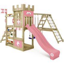 Wickey Spielturm Ritterburg DragonFlyer mit Schaukel & Rutsche, Spielhaus mit Sandkasten, Kletterleiter & Spiel-Zubehör – Pastellpink