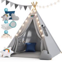 Spielwerk - Children's Teepee Tent Fairy Lights Kid's 2.5cm Floor Play Mat 3 Pillows Cotton Carry Bag Tipi Playhouse Indoor 120x120x160cm Wigwam Blue