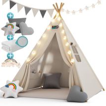 Tipi enfant avec tapis Tente de jeu Enfants Guirlande lumineuse Tapis de jeu 3 coussins Chambre d'enfant 120x120x160 cm-Blanc - Spielwerk