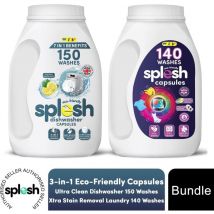 Splesh - Cleaning Bundle of 3-in-1 Dishwasher 150 Capsules & Laundry 140 Capsules