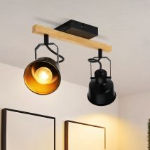 Spot de Plafond Gbly 2 Spots de Plafond Noir E14 : Plafonnier Vintage Pivotant 350° max 25W Douille E14 Barre de Spot Industrielle en Grain de Bois