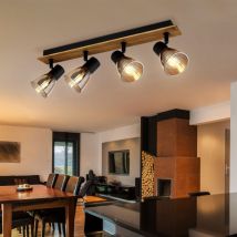 Spots de plafond bande de spots orientable 4 flammes plafonnier en bois verre fumé noir, métal, 4x douilles E14, LxlxH 50x7x15,5 cm