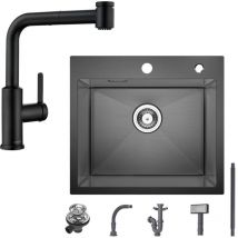 Cecipa Max - Spülbecken mit 1 Becken 50×45CM Edelstahlspüle Anthrazitschwarz +Küchenarmatur mit 2 Strahlarten Ausziehbarer Spültischarmatur in
