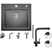 Cecipa Max - Spülbecken mit 1 Becken 50×45CM Edelstahlspüle Anthrazitschwarz + Küchenarmatur mit 2 Strahlarten Schwarz ausziehbarer Spültischarmatur,