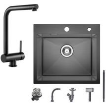 Spülbecken mit 1 Becken 50×45CM Edelstahlspüle Anthrazitschwarz + Schwarz Küchenarmatur Spültischarmatur vor dem Fenster 310,9 mm