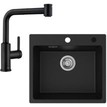 Cecipa Max - Spülbecken mit 1 Becken 50×45CM Granitspüle Anthrazitschwarz + Küchenarmatur mit 2 Strahlarten Ausziehbarer Spültischarmatur in Schwarz,