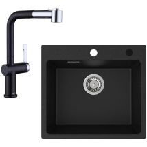 Cecipa Max - Spülbecken mit 1 Becken 50×45CM Granitspüle Anthrazitschwarz + Küchenarmatur mit 2 Strahlarten Ausziehbarer Spültischarmatur in