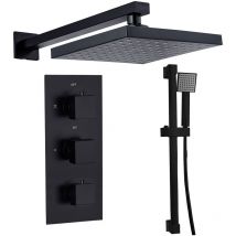 Gravity Bathrooms - Square Twin Head Wall Concealed Thermostatic Shower Valve Set with Riser Kit - Black