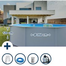 Planet Pool - Stahlwandpool Set (5-teilig) hoch rund Classic 350 x 120 cm, Stahl 0,4 mm weiß Folie 0,3 mm blau