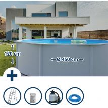 Planet Pool - Stahlwandpool Set (5-teilig) hoch rund Classic 450 x 120 cm, Stahl 0,4 mm weiß Folie 0,3 mm blau