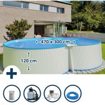 Waterman - Stahlwandpool Set (6-teil) hoch achtform Montevideo 470x300x120cm, Stahl 0,4mm weiß Folie 0,4mm blau