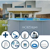 Stahlwandpool Set (9-teilig) hoch rund Eco 350 x 120 cm, Stahl 0,4 mm weiß Folie 0,3 mm blau