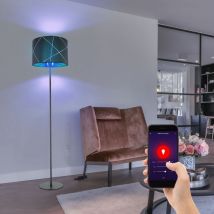 Globo - Standlampe Stehleuchte schwarz gold E27 Stehlampe Stoff, goldene Dekorlinien, App Steuerung dimmbar, Smart rgb led 10W 806Lm, DxH 38 x 151 cm