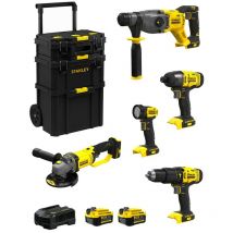 Stanley - FatMax Kit SVK501 (SFMCH900 + SFMCG400 + SFMCD711 + SFMCF800 + SFMCL020 + 2 x 4,0 Ah + Ladegerät + Caddy 3in1)