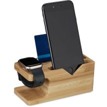 Station de charge, pour smartphone & montre connectée, bambou, HxLxP: 6 x 14 x 6,5 cm, support, nature - Relaxdays