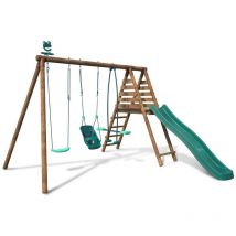 Balançoire en bois traité 3 agrès et toboggan Tulipe