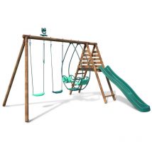Balançoire en bois traité 3 agrès et toboggan Narcisse