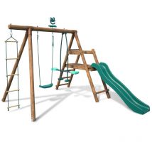 Balançoire en bois traité 3 agrès et toboggan Mûrier