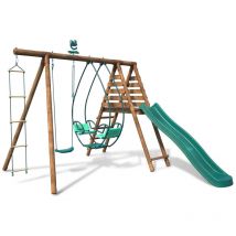 Balançoire en bois traité 3 agrès et toboggan Lavande