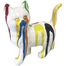 Statue en céramique chat blanc et multicolore 18.5 cm