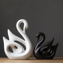 Statues en céramique,Couple de Cygne en céramique Noir et Blanc,Artisanat ornements décoration d'intérieur, cadeau commémoratif pour les