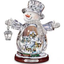 Statuetta di pupazzo di neve in cristallo Thomas Kinkade con villaggio illuminato e treno animato di The Bradford Editions