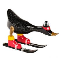 Statuette décorative 18 cm canard skieur noir en bois de teck – DONNY