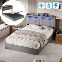Stauraumbett 140x190 Cm Aus Leinen – Erwachsenenbett Mit Led-beleuchtung, Ladeanschluss, Lattenrost, Kopfteil Mit Stauraumregal – Grau