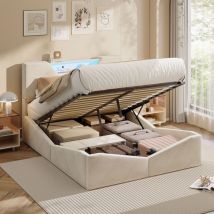 Stauraumbett 160x200 Cm Samt Mit Dreieck Kopfteil, 3 Ablagefächer, Led Und Usb Anschluss, Holzlattenrost, Beige