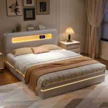 Stauraumbett 160 X 200 Cm, Mit Metall-lattenrahmen, Umlaufender Led-beleuchtung, Kopfteil Mit Stauraum - Samt - Weiß