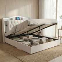 Stauraumbett 160x200 Mit Lattenrost, Gepolstertes Doppelbett, Led-beleuchtung Und Kabelloser Ladefunktion Sowie Usb, Kopfteil Mit Stauraum, 