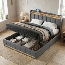 Stauraumbett 160x200 Mit Lattenrost, Hydraulisches Doppelbett Mit Rgb Led-beleuchtung Und Usb/type-c Anschlüssen, Erwachsenenbett Mit Kopfteil Und 