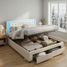 Bett Mit Stauraum, Stauraumbett 140x190 Mit Lattenrost, 2 Schubladen, Polsterbett Mit Led Rgb, Bett Erwachsene Hydraulisch, Samt, Modern/skandinavisch