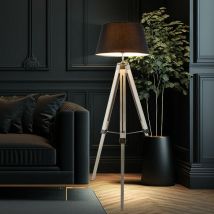 Stehleuchte Wohnzimmer grau Stehlampe Metall Standleuchte Stativ Holz, Textilschirm, 1x E27 Fassung, DxH 65x145 cm