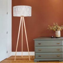 Stehlampe Stehleuchte Wohnzimmerlampe Beistelllampe Schlafzimmer, 3 Beine Birkenholz Tapete Landhaus, 1x E27 Fassung, DxH 50x154cm