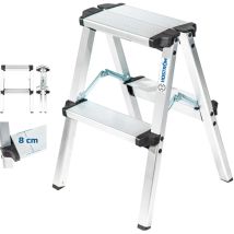 Stehleiter mit 2 Stufen HOMILIX2, kleine zusammenklappbare Stehleiter, Aluminium, kompaktes und robustes Design, max. Arbeitshöhe 2,08m, 5 Jahre