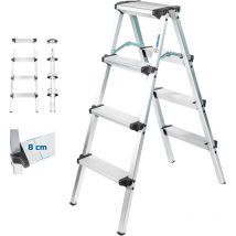 Stehleiter mit 4 Stufen HOMILIX4, kleine zusammenklappbare Stehleiter, Aluminium, kompaktes und robustes Design, max. Arbeitshöhe 2,59m, 5 Jahre