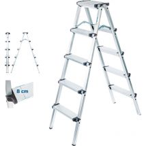 Stehleiter mit 5 Stufen HOMILIX5, kleine zusammenklappbare Stehleiter, Aluminium, kompaktes und robustes Design, max. Arbeitshöhe 2,85m, 5 Jahre