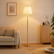 Nowa - Stehleuchte Textil Weiß Standlampe Holzoptik Wohnzimmerleuchte Stehend, Metall, E27 Fassung, Dxh 35x151 Cm